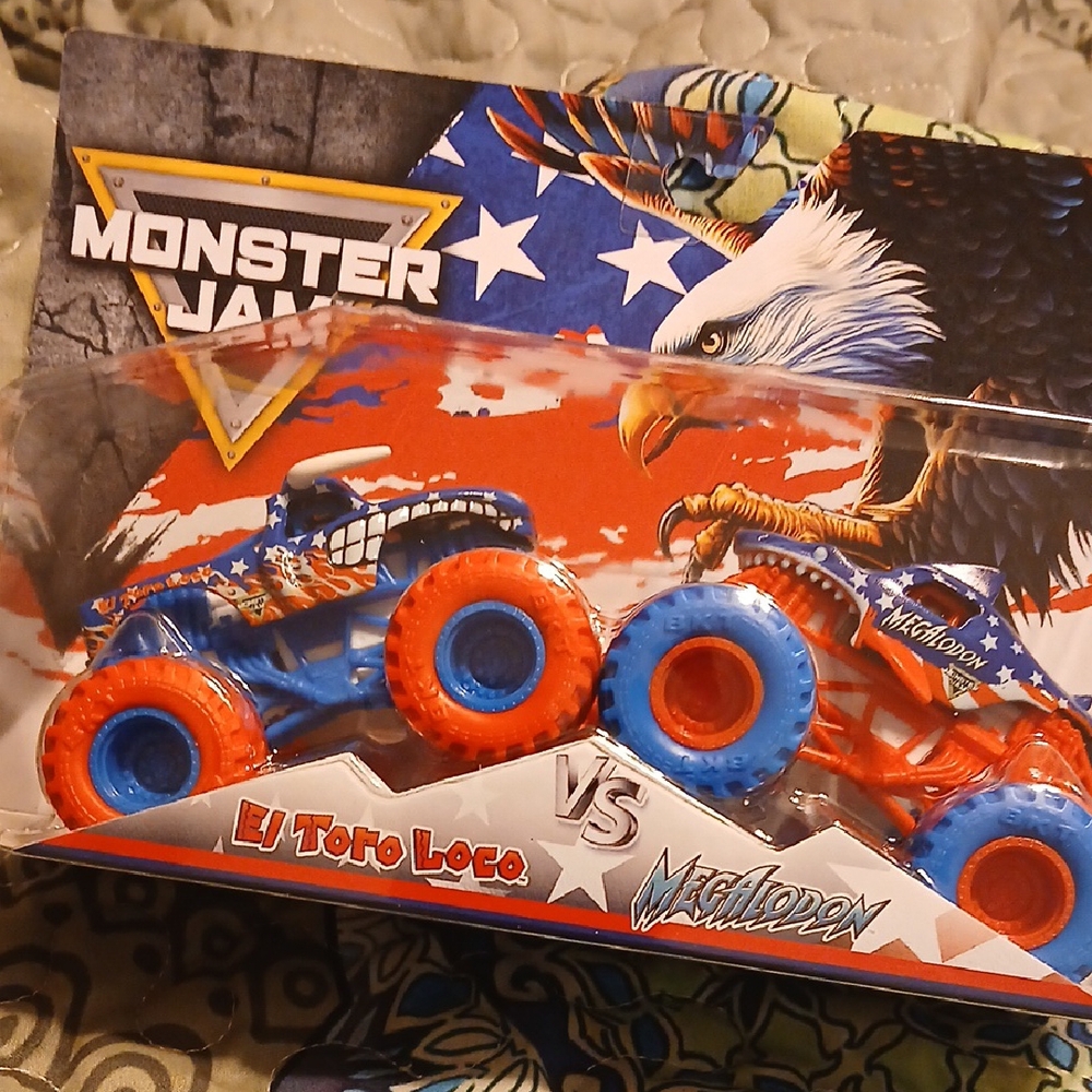 Monster JAM El Toro Loco vs Megalodon Toy Trucks STARS AND STRIPES - Picture 1 of 11